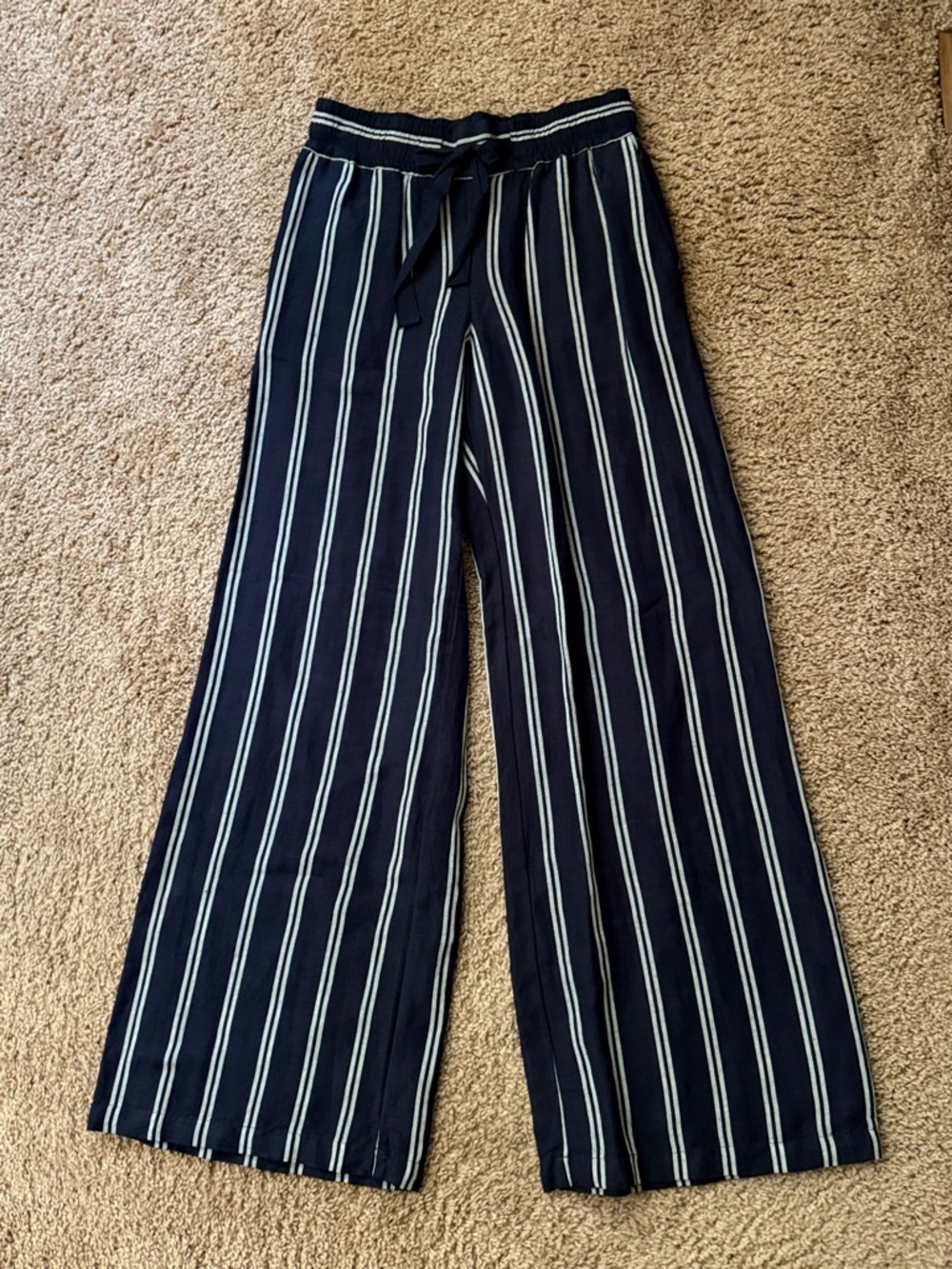 Striped Wide-Leg Navy Pants with Elastic Drawstring Waist